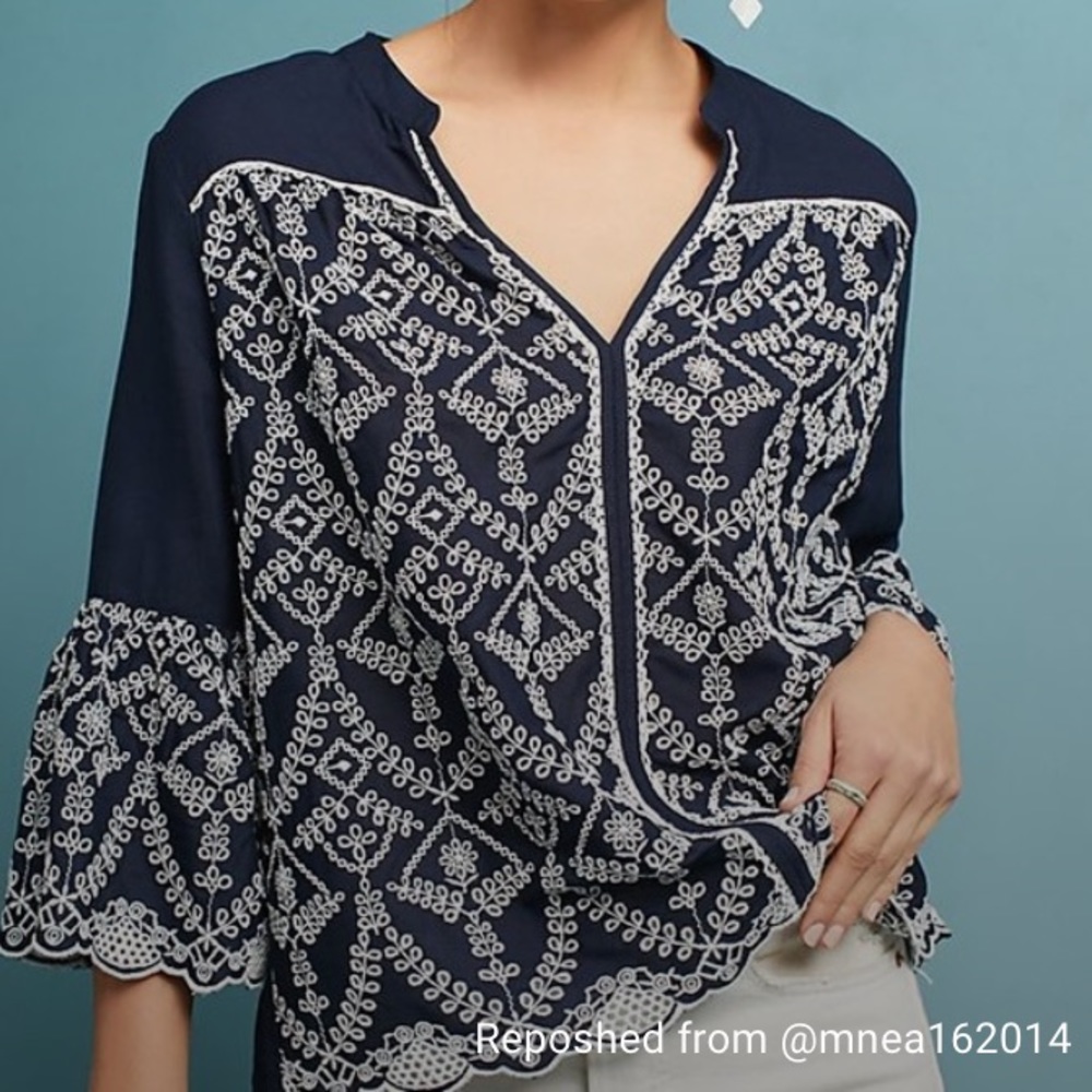 Seen Worn Kept embroidered blouse. Navy blue with white. Never worn. Size 4.